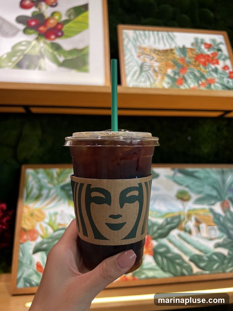 A hand holds a clear plastic cup filled with iced coffee. The cup is covered by a brown cardboard sleeve featuring the Starbucks logo. In the background, there are three framed pictures on a shelf. The leftmost picture shows coffee cherries on a branch. The middle picture depicts a leopard-like animal amidst red flowers and green leaves. The rightmost picture shows a tropical landscape with a house and lush foliage.