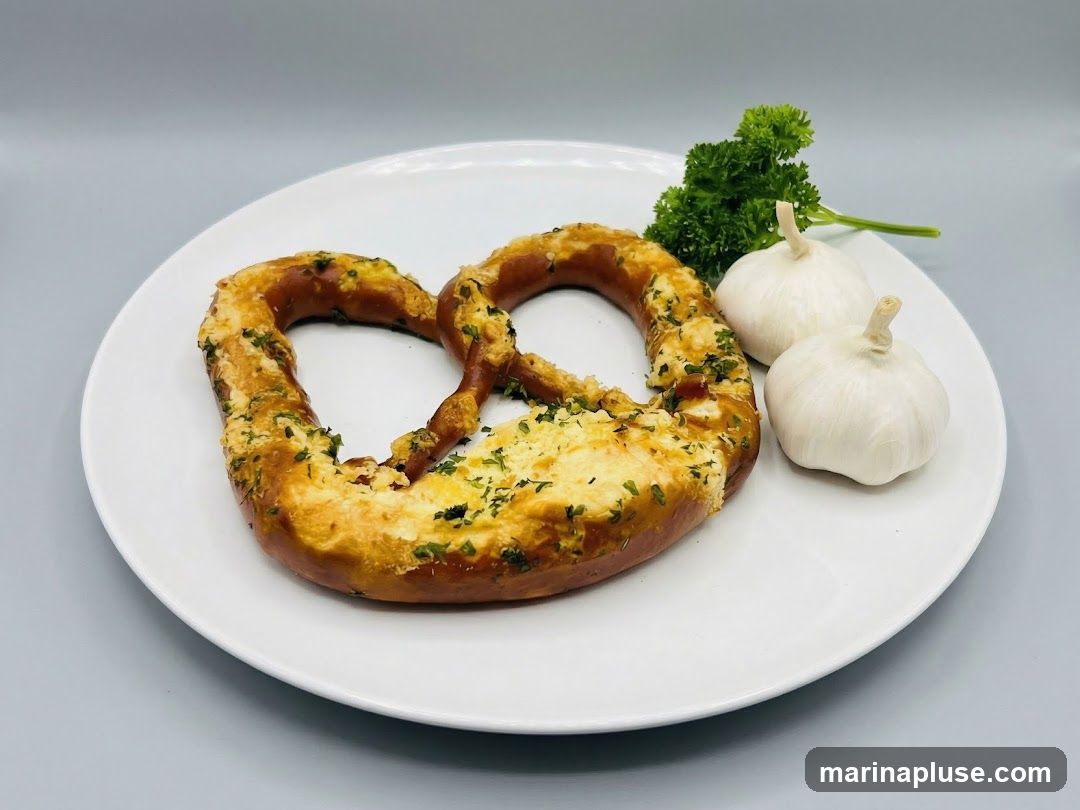 A close-up shot of a large pretzel topped with melted cheese and chopped herbs, served on a white plate with two whole garlic bulbs and a sprig of parsley. The pretzel has a golden-brown crust and appears to be soft on the inside. The cheese is melted and slightly browned, and the herbs are finely chopped and sprinkled generously over the top. The garlic bulbs are whole and unpeeled, and the parsley adds a fresh green garnish. The background is a plain gray, which helps to highlight the food.
