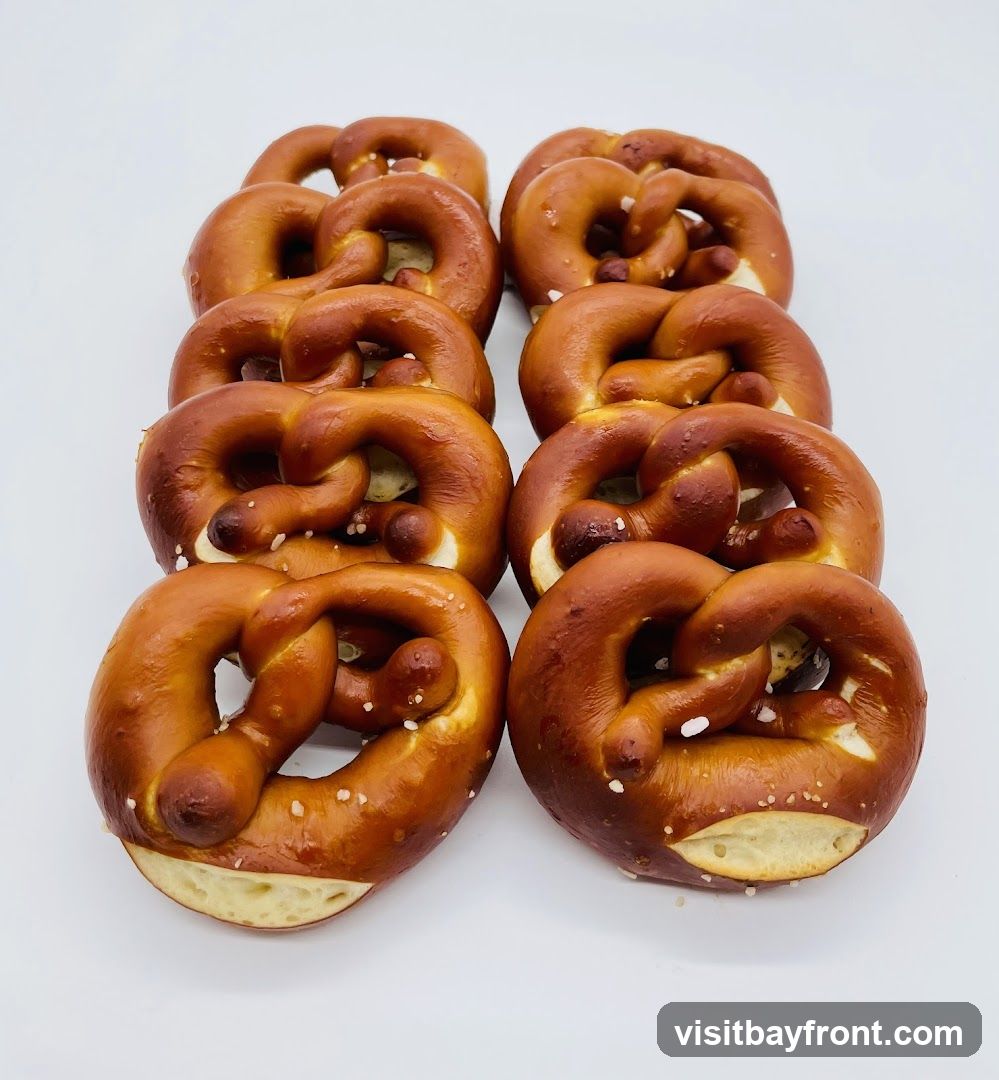 A close-up studio shot of eight freshly baked pretzels arranged in two rows of four against a white background. The pretzels are golden brown with a glossy sheen and sprinkled with coarse salt crystals. Their classic twisted shape is clearly visible, with the dough appearing soft and slightly chewy.