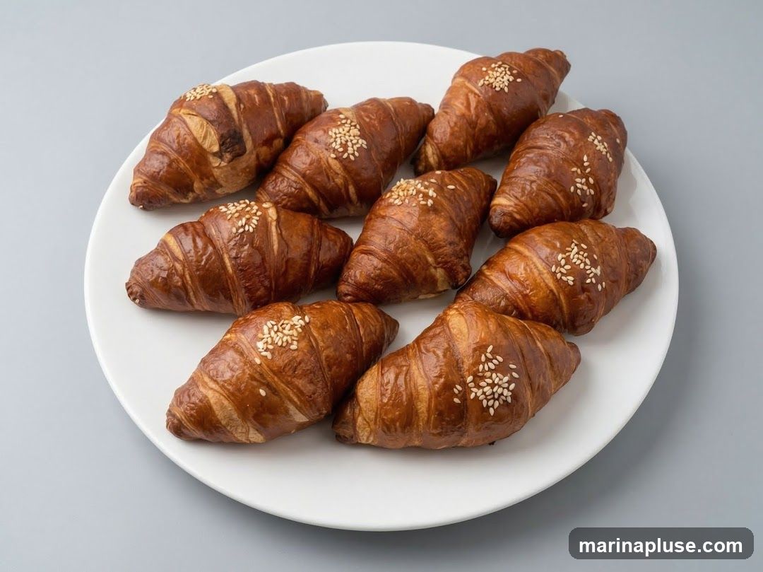 A white plate holds nine golden-brown croissants, each sprinkled with sesame seeds. The croissants are arranged in a circular pattern on the plate, with some overlapping. The background is a plain gray surface.