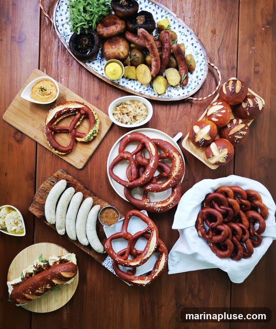 A rustic wooden table is laden with a variety of German-inspired dishes. In the center, a platter holds grilled sausages, roasted potatoes, and large mushrooms, accompanied by a small dish of mustard. Several large, dark red pretzels are scattered across the table, some on plates and others on a wooden board. A basket overflows with smaller, similar pretzels. Other dishes include a sandwich with a sausage and caramelized onions on a pretzel bun, a bowl of sauerkraut, and a small dish of what appears to be a cheese spread. The overall presentation suggests a hearty, traditional meal.