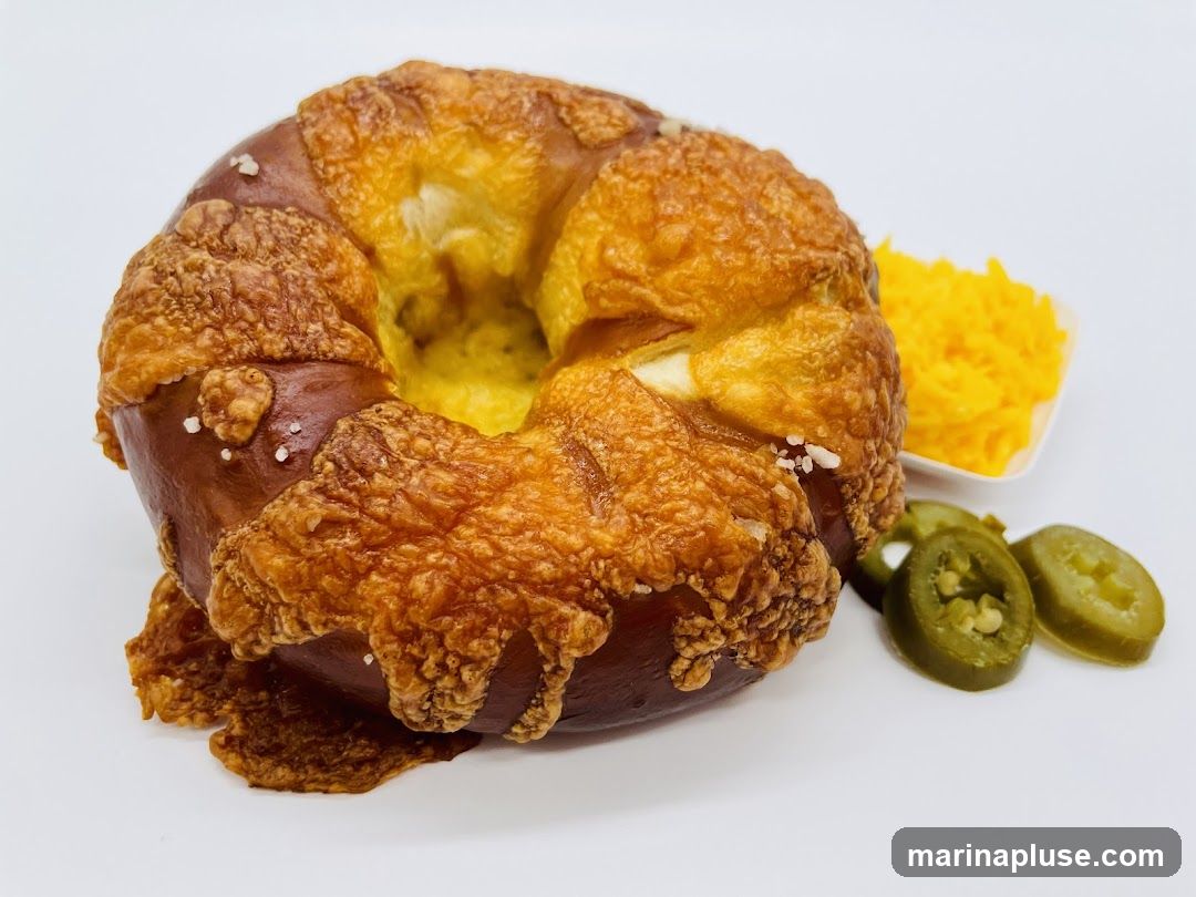 A close-up shot of a large, golden-brown pretzel topped with melted cheese. A small white dish filled with shredded cheddar cheese and a few slices of pickled jalapenos are placed next to the pretzel. The pretzel has a soft, doughy interior visible in the center and is sprinkled with coarse salt crystals.
