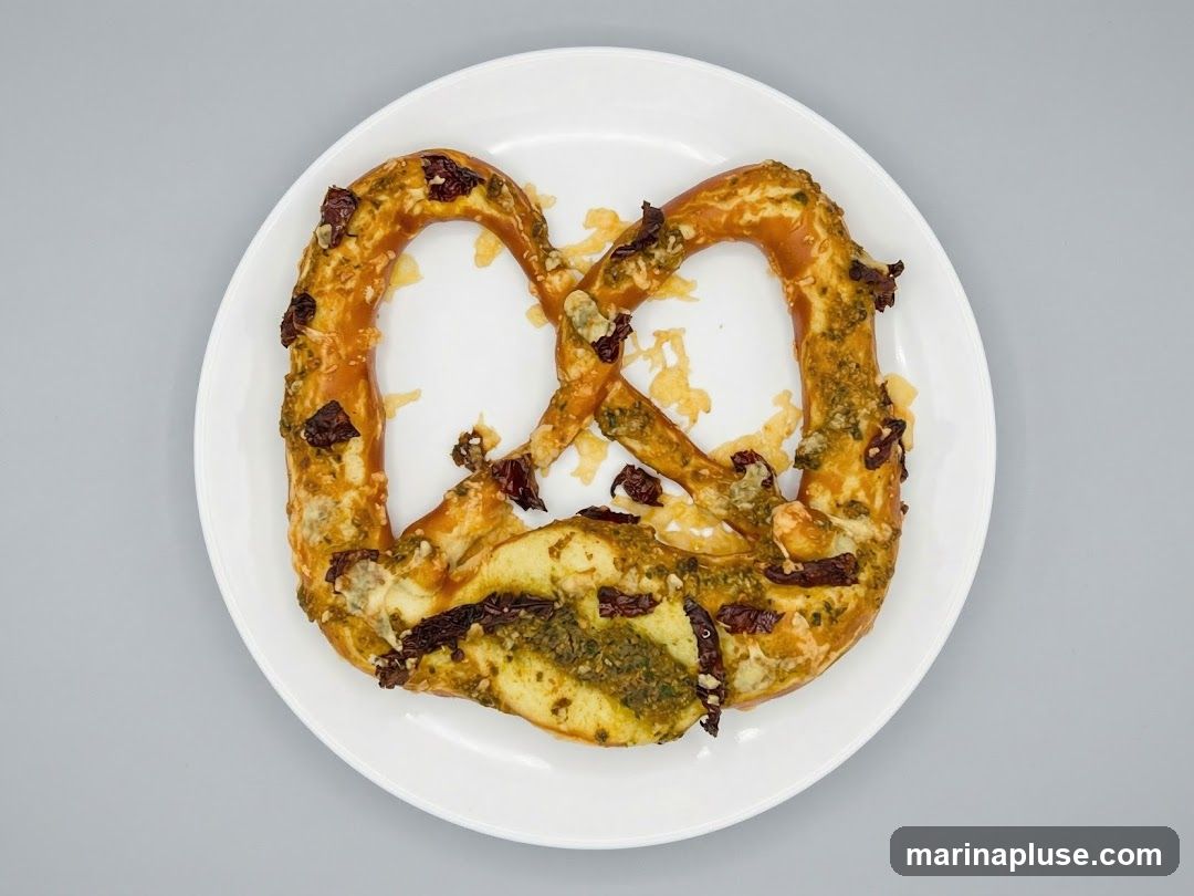 A close-up, overhead shot of a large pretzel on a white plate. The pretzel is topped with a green spread, possibly pesto, and pieces of sun-dried tomatoes and melted cheese. The pretzel has a golden-brown crust.