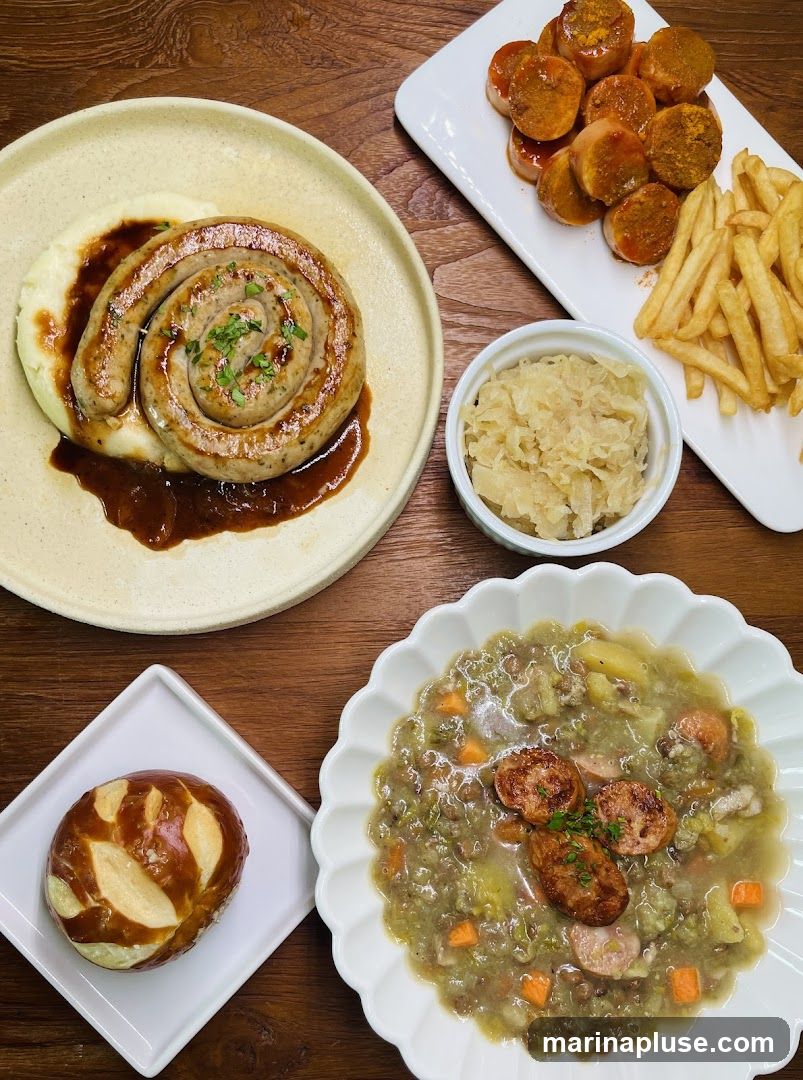 A top-down view of a German-inspired meal. In the center, a large, coiled sausage rests on a bed of mashed potatoes with gravy. To the right, a white rectangular plate holds sliced currywurst and a pile of french fries. A small white bowl contains sauerkraut. In the bottom right, a scalloped white bowl is filled with a hearty lentil soup with sausage and vegetables. A pretzel roll sits on a small white square plate in the bottom left.