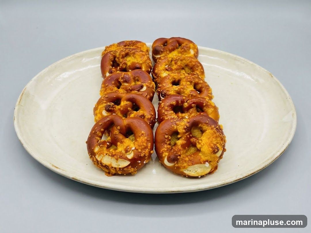 A close-up shot of a plate filled with several golden-brown pretzels. The pretzels are arranged in two rows on a textured, off-white oval plate. They appear to be topped with coarse salt and possibly some seeds. The background is a plain, light gray.