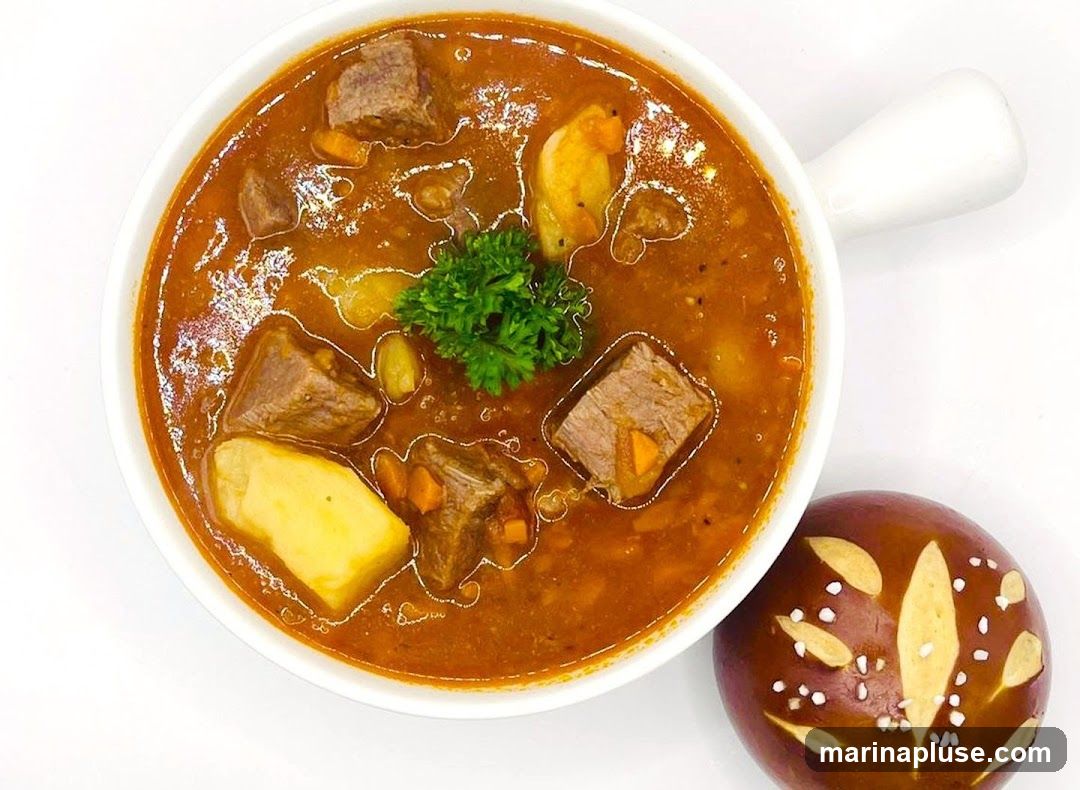 A white bowl filled with hearty beef stew, featuring chunks of beef, potatoes, and carrots in a rich broth. A sprig of parsley garnishes the top. A pretzel roll with salt crystals sits to the side.