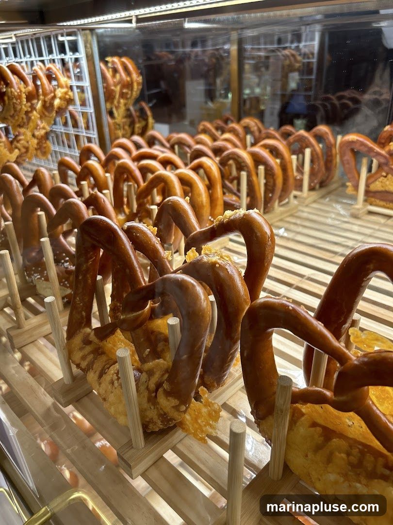 A close-up view of numerous pretzels displayed on wooden racks inside a glass case. The pretzels are golden brown and some appear to have a cheesy coating.