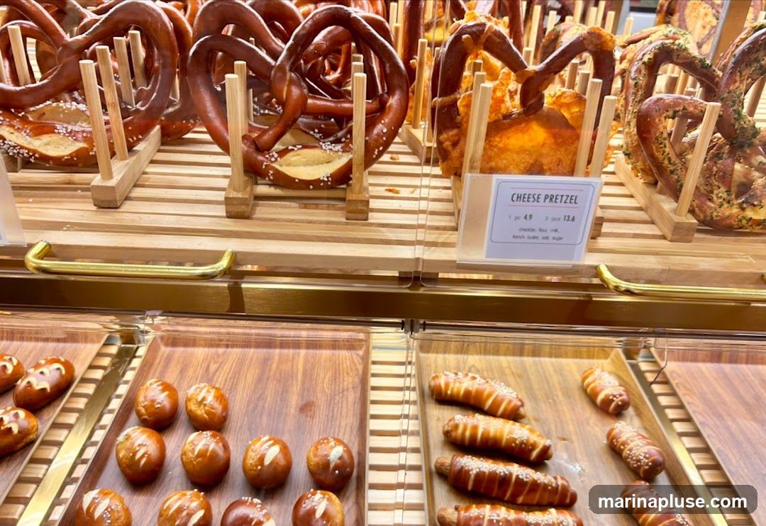 A display of various pretzels and small baked goods. In the top section, large pretzels are arranged on wooden stands. One sign indicates a 'CHEESE PRETZEL' priced at 1 pc 4.9 and 3 pcs 13.6, with ingredients listed as 'cheddar, flour, milk, french butter, salt, sugar'. Below, trays hold smaller items: one tray has round, bite-sized pretzels, and another has pretzel-wrapped sausages.