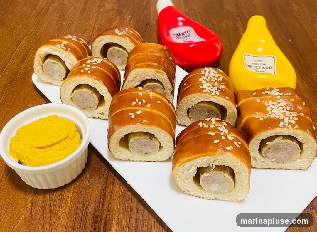 A platter of golden-brown sausage rolls, sprinkled with sesame seeds, is arranged on a white plate. A small white ramekin filled with bright yellow mustard sits to the left. In the background, a red ketchup dispenser and a yellow mustard dispenser are visible. The food is presented on a wooden surface.