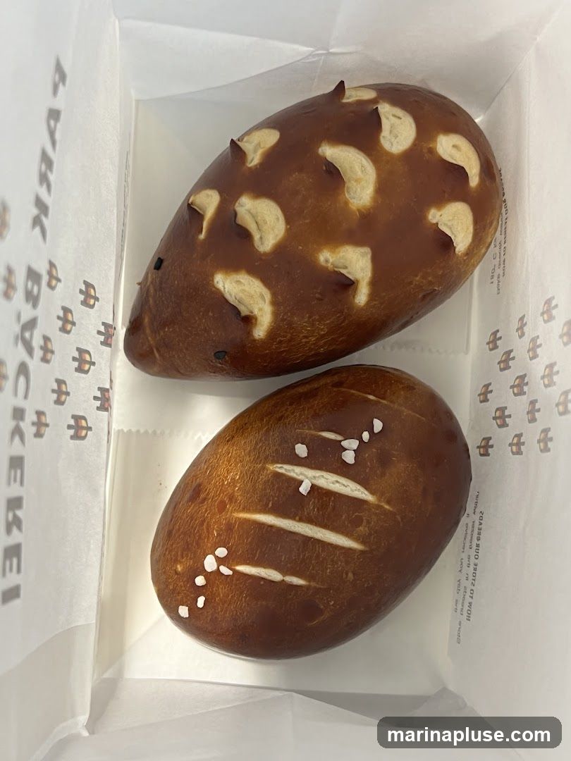 Two baked goods are shown in a white paper bag. The top item is shaped like a hedgehog, with light-colored dough pieces embedded to resemble quills and small dark pieces for eyes. The bottom item is a dark brown, oval-shaped bun with a scored pattern and coarse salt crystals on top, resembling a pretzel. The bag has text and a repeating pattern printed on its sides.