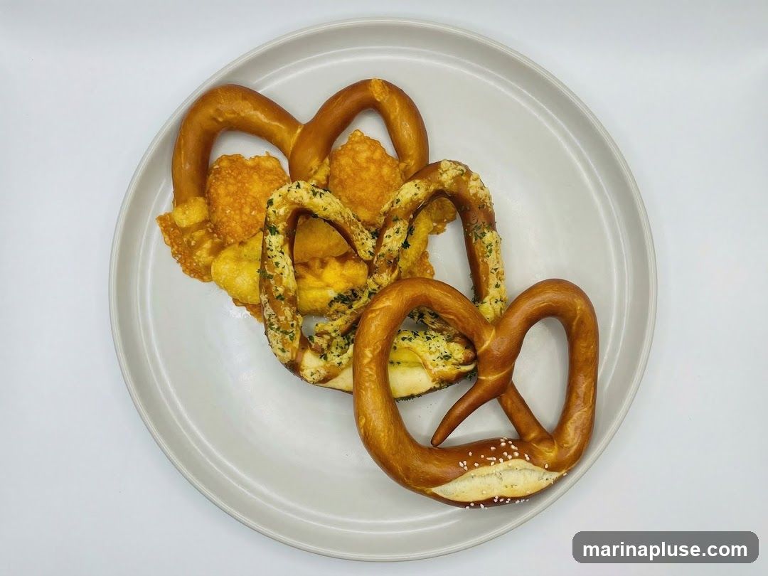 A light gray plate holds three large pretzels and several golden-brown cheese bites. One pretzel is topped with chopped herbs and garlic. Another pretzel is sprinkled with sesame seeds. The cheese bites appear crispy and are nestled amongst the pretzels.