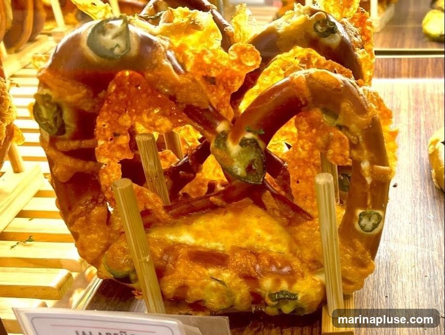 A close-up shot of a pretzel that appears to be covered in cheese and jalapeño slices. It is displayed on a wooden surface with bamboo skewers holding it in place. A small white sign with the word "JALAPEÑO" is visible at the bottom.
