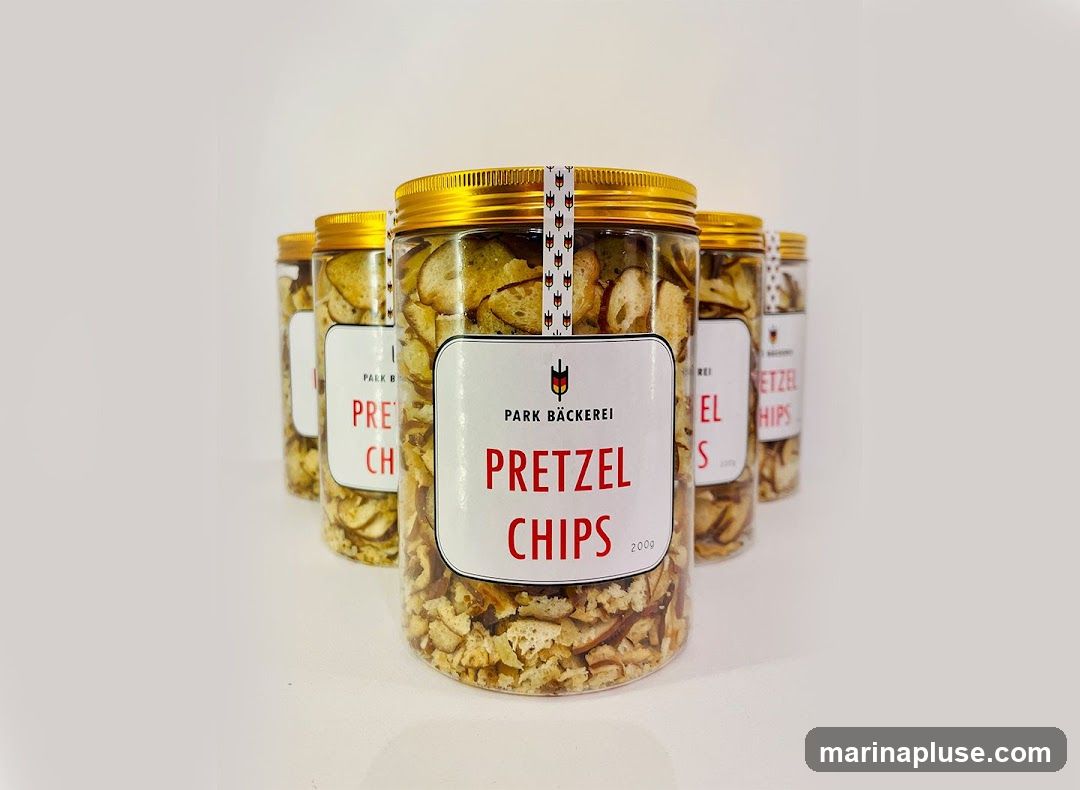 Several clear plastic jars filled with pretzel chips are arranged in a row against a white background. The jars have gold lids and labels that read "PARK BÄCKEREI PRETZEL CHIPS" and indicate a weight of 200g.