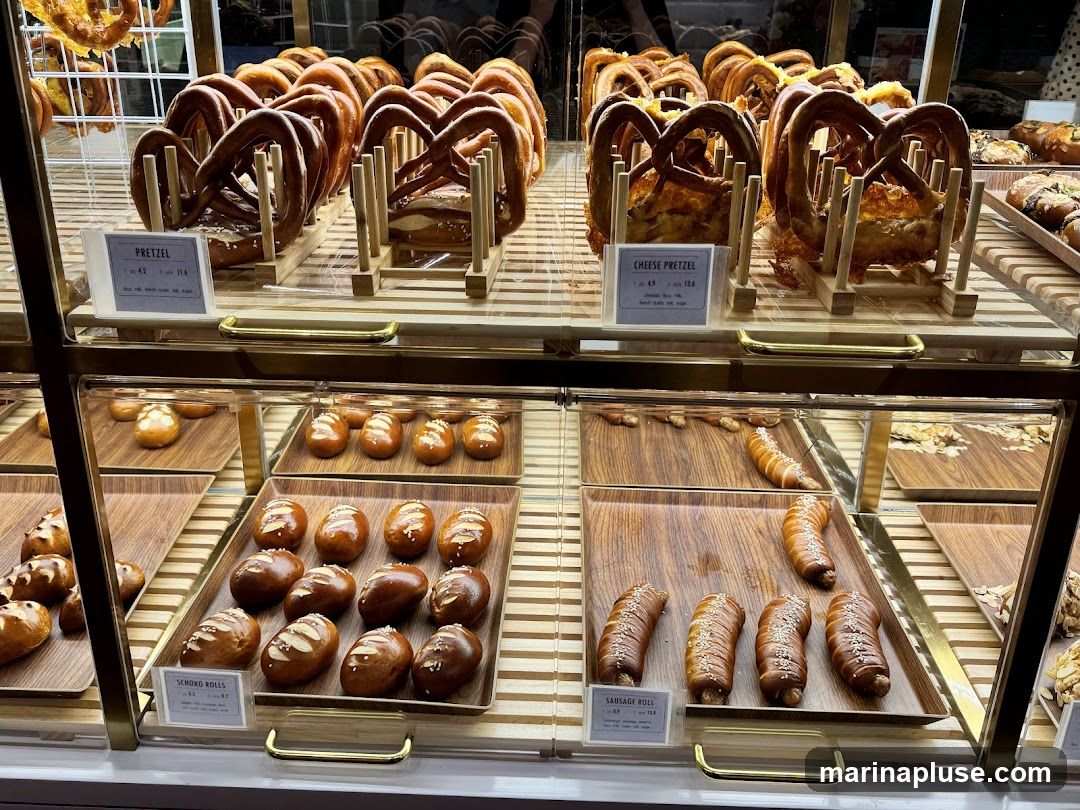A display case filled with various baked goods, including pretzels, rolls, and sausage rolls. The items are arranged on wooden trays and presented in a clean, modern display.