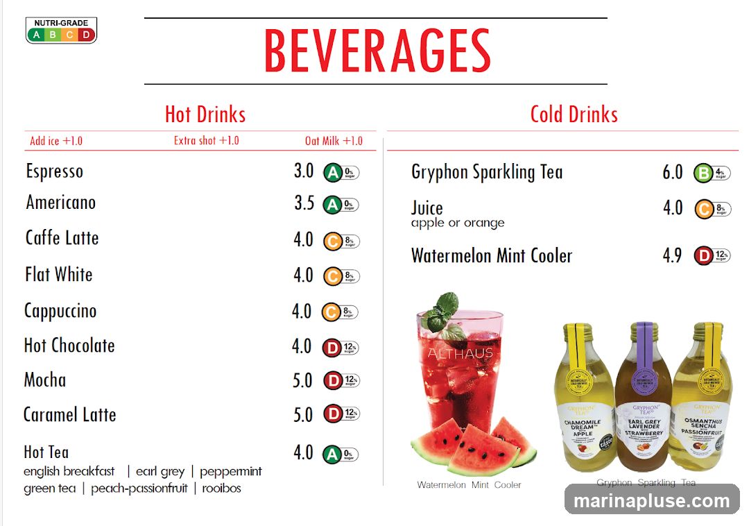 Menu for hot and cold drinks with prices and sugar content ratings.