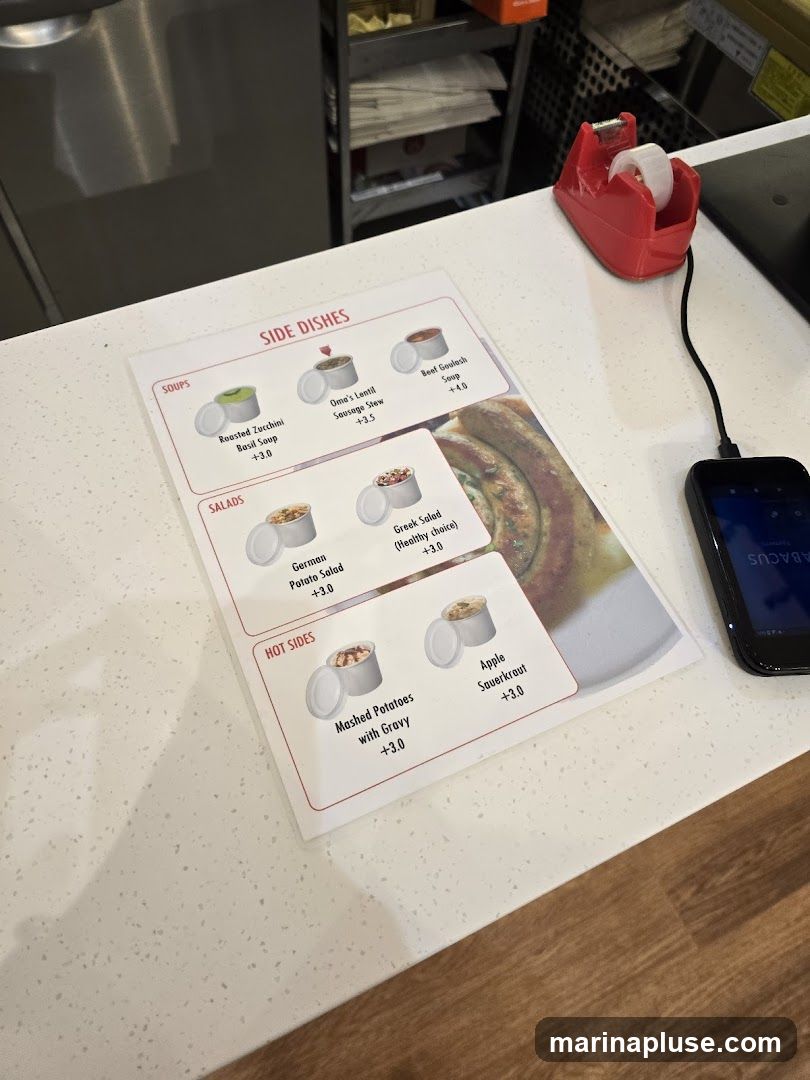 A menu displaying various side dishes including soups, salads, and hot sides.