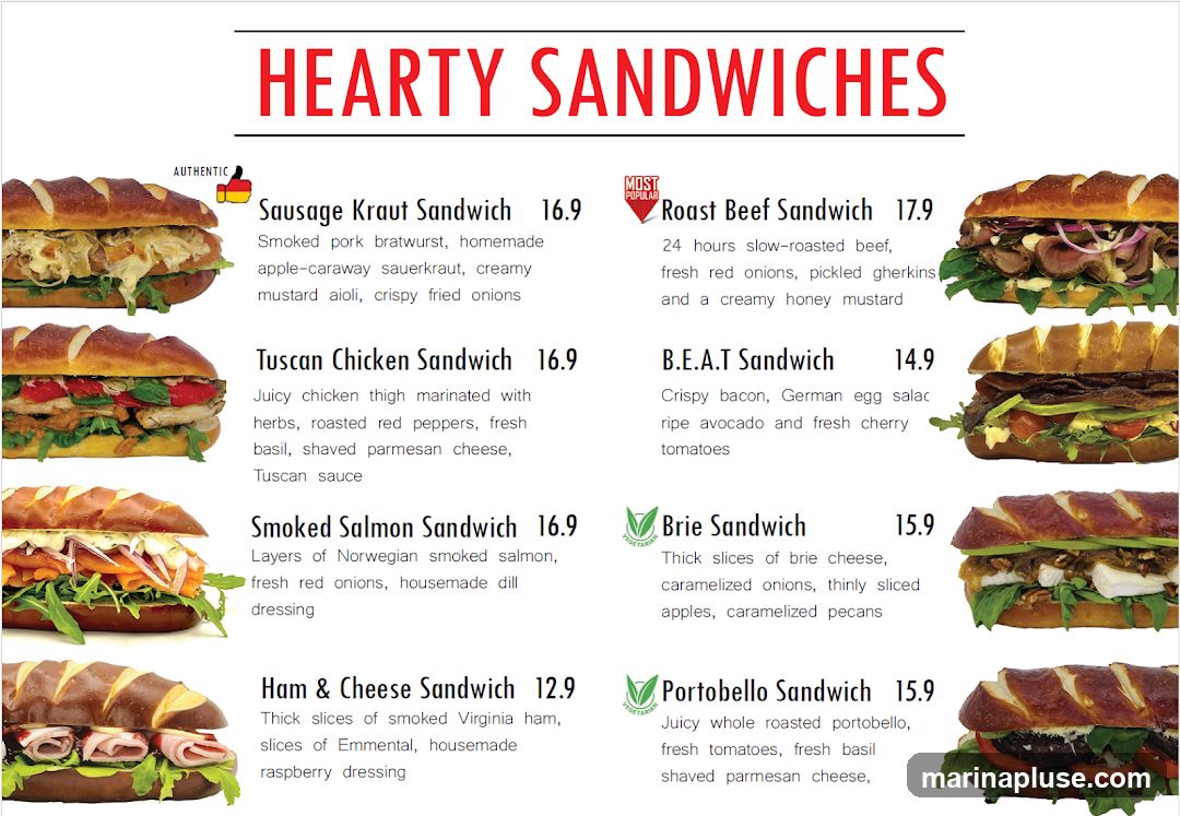 A menu featuring various hearty sandwiches with descriptions and prices.