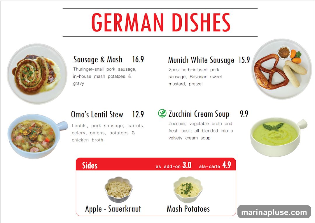 A menu featuring German dishes with descriptions and prices.