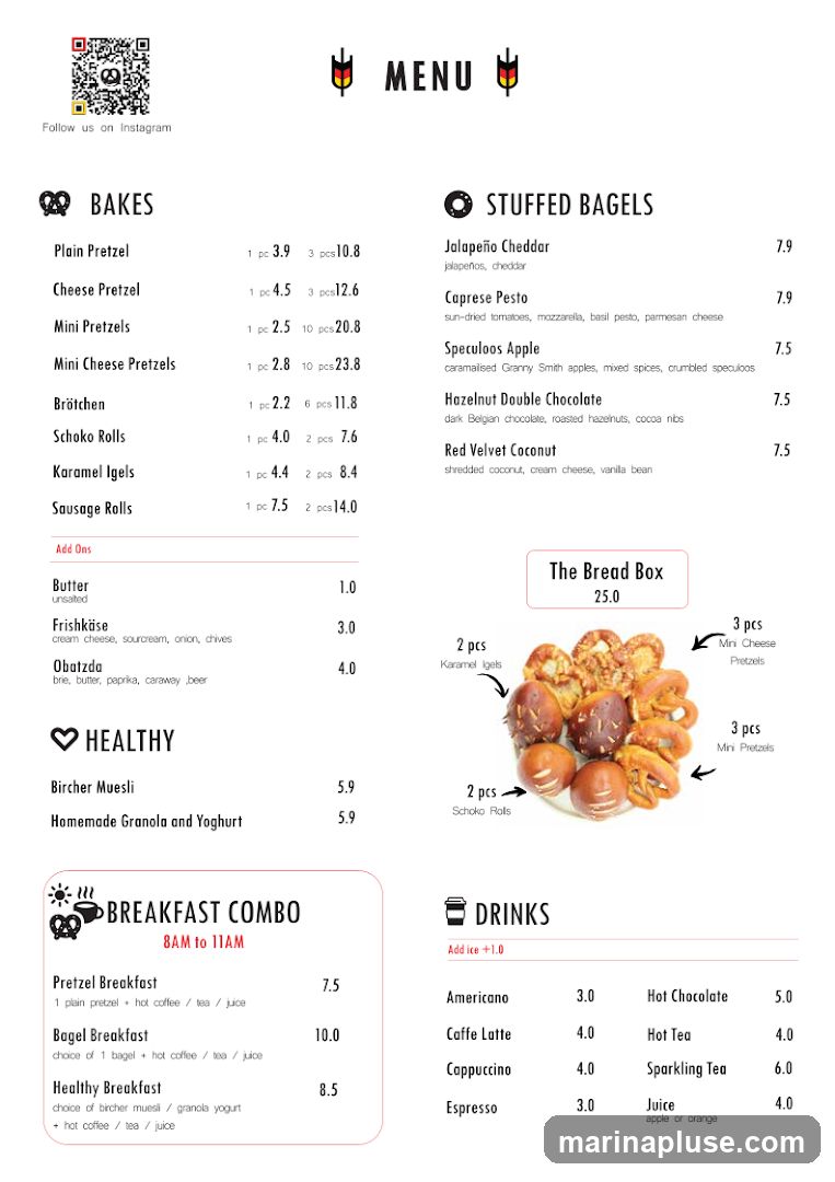 A menu with sections for Bakes, Stuffed Bagels, Healthy options, Breakfast Combos, Drinks, and a special "The Bread Box" offering.