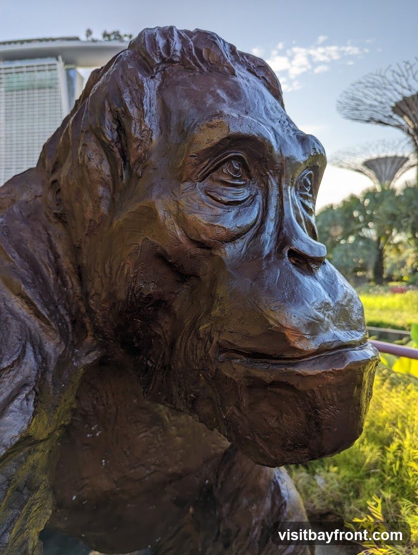 A close-up, low-angle shot of a dark brown, textured statue of a gorilla's head and upper body. The statue is positioned outdoors, with lush green foliage and moss visible in the foreground and background. In the distance, the distinctive Supertrees of Gardens by the Bay in Singapore can be seen against a bright blue sky with scattered clouds. The lighting suggests it is daytime, possibly late afternoon, casting a warm glow on the scene.