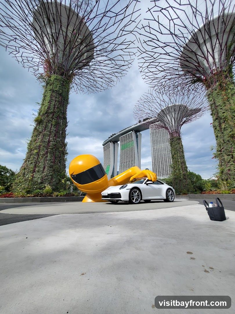 A white convertible sports car is parked in front of a large, yellow sculpture of a helmet and hand. Behind the sculpture, the iconic Marina Bay Sands hotel and the Supertree Grove at Gardens by the Bay are visible under a cloudy sky. A black tote bag with bottles of water sits on the ground to the right of the car.