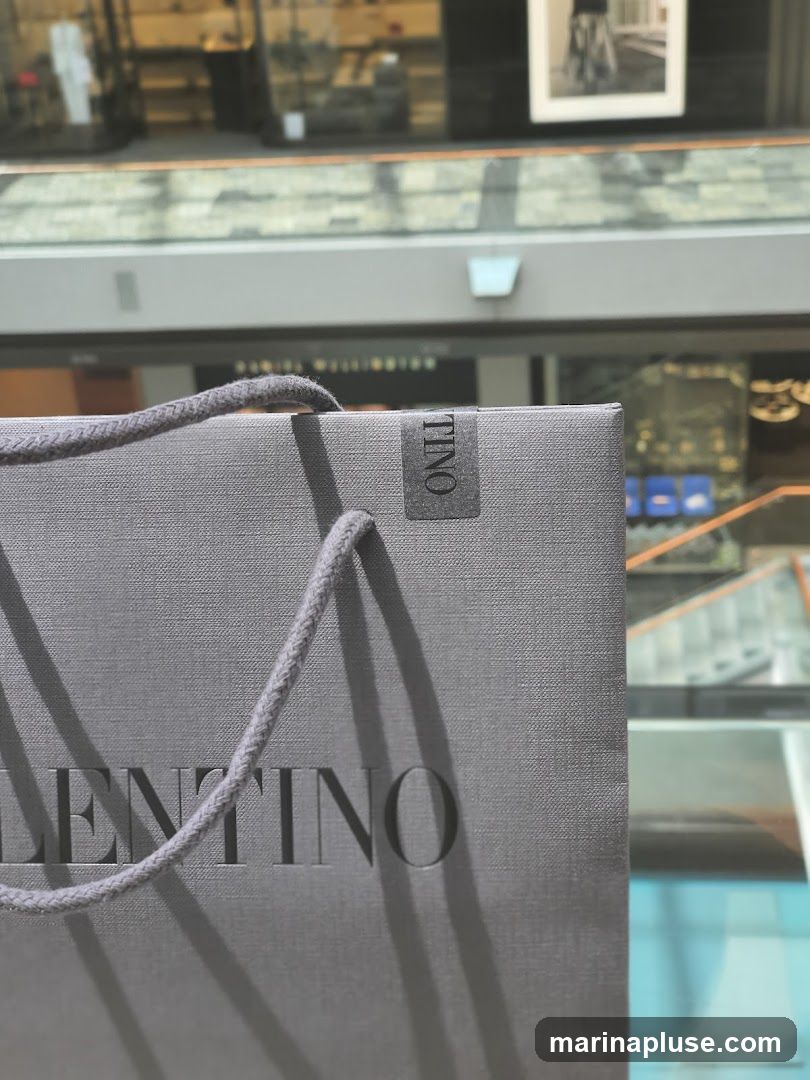 A close-up of a grey Valentino shopping bag with embossed lettering. The bag has a textured surface and grey rope handles. In the background, a blurred view of a shopping mall interior is visible, including storefronts and railings.