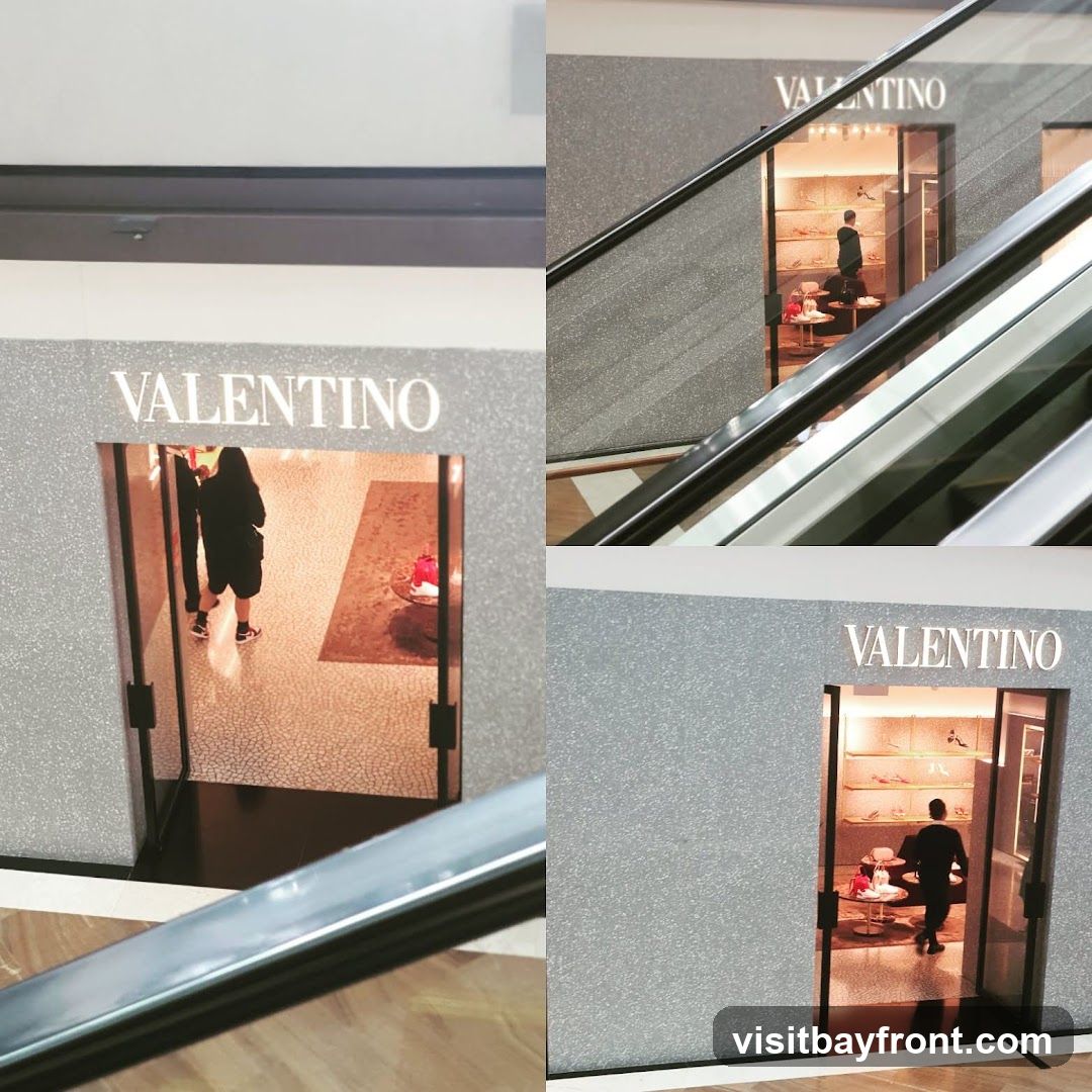 A collage of four images showing the exterior of a Valentino store. The store has a glittering facade with the brand name "VALENTINO" displayed prominently above the entrance. The entrances are open, revealing the interior where shoes are displayed on shelves and a few customers are browsing. One image shows a person walking into the store, and another shows a person inside the store looking at merchandise. The store appears to be located in a mall or shopping center, with escalators visible in some of the shots.