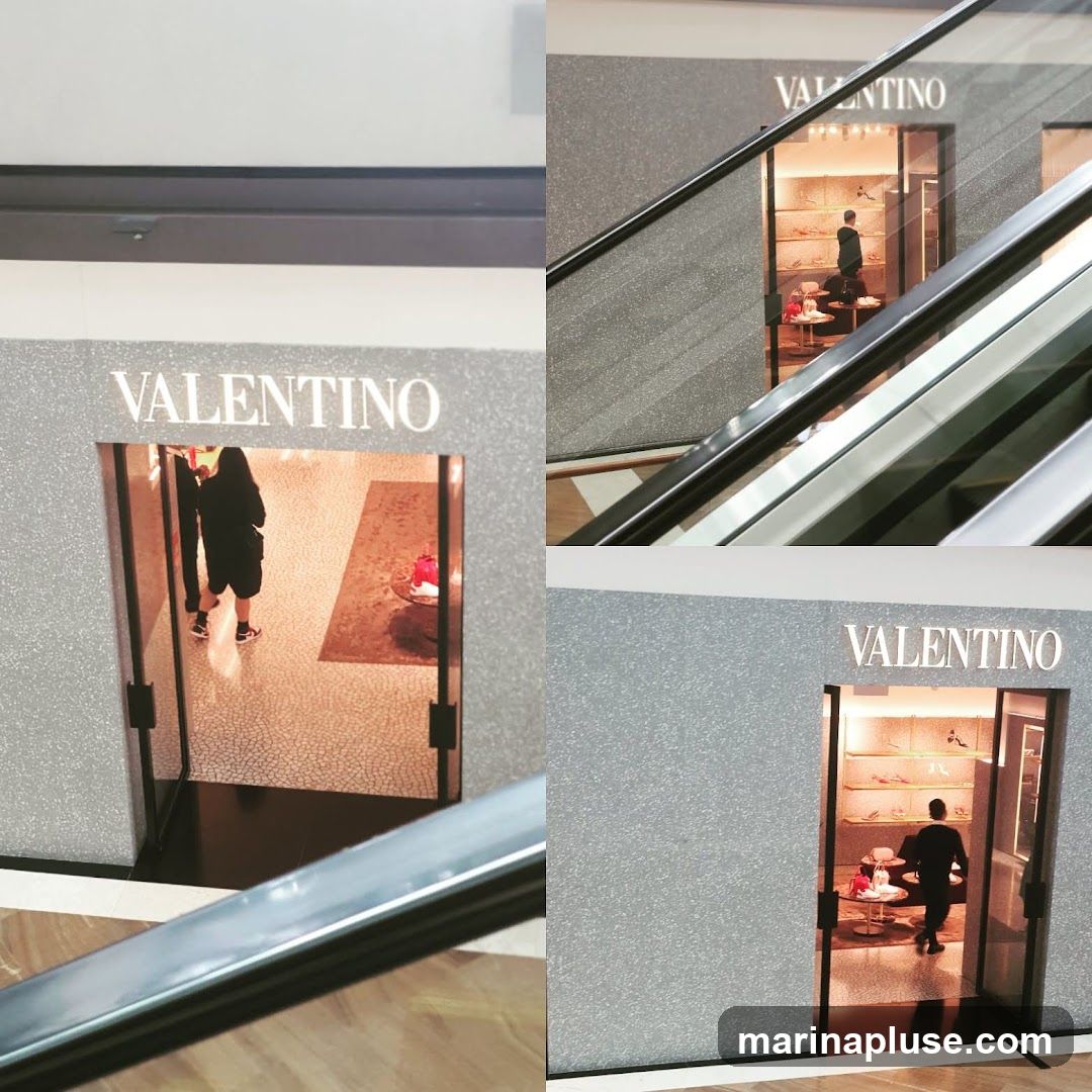 A collage of four images showing the exterior of a Valentino store. The store has a glittering facade with the brand name "VALENTINO" displayed prominently above the entrance. The entrances are open, revealing the interior where shoes are displayed on shelves and a few customers are browsing. One image shows a person walking into the store, and another shows a person inside the store looking at merchandise. The store appears to be located in a mall or shopping center, with escalators visible in some of the shots.
