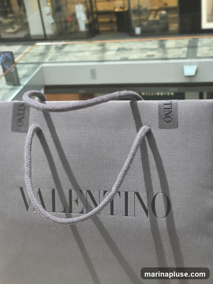 A close-up shot of a grey Valentino shopping bag with the brand name embossed in the center. The bag has grey rope handles. In the background, a blurred view of a shopping mall interior is visible, including storefronts and railings.