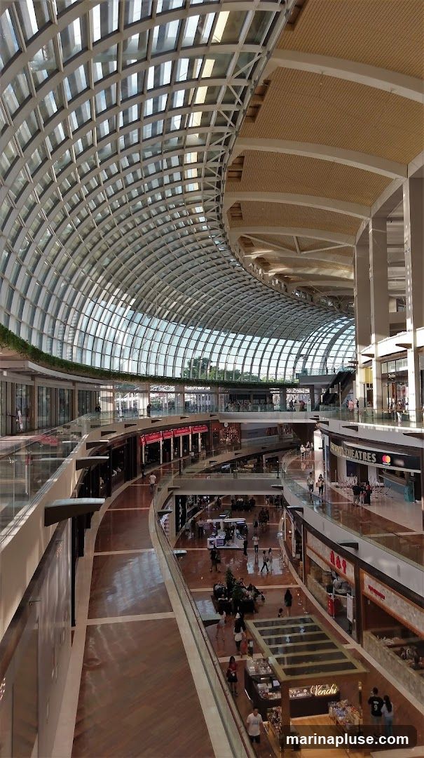 An interior view of a large, multi-level shopping mall with a distinctive curved glass roof. The mall features numerous shops and escalators, with shoppers browsing and walking along the polished wooden floors. The architecture is modern and spacious, with a focus on natural light filtering through the glass ceiling.