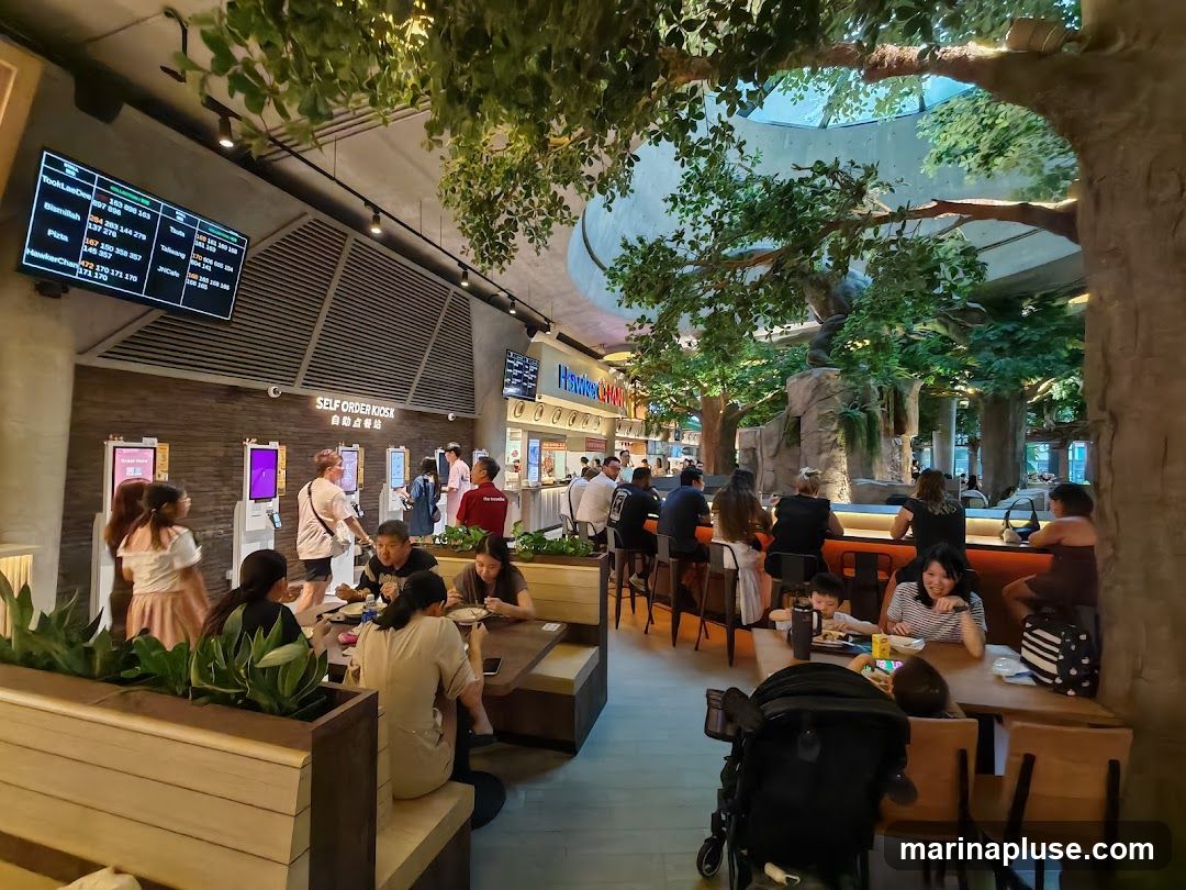 A bustling food court with a unique jungle-themed interior. Diners are seated at wooden tables, some with views of artificial trees and rock formations. Self-order kiosks are lined up against a wall, with customers placing orders. Digital screens display order numbers and wait times. The overall ambiance is lively and modern, with a focus on a naturalistic dining experience.