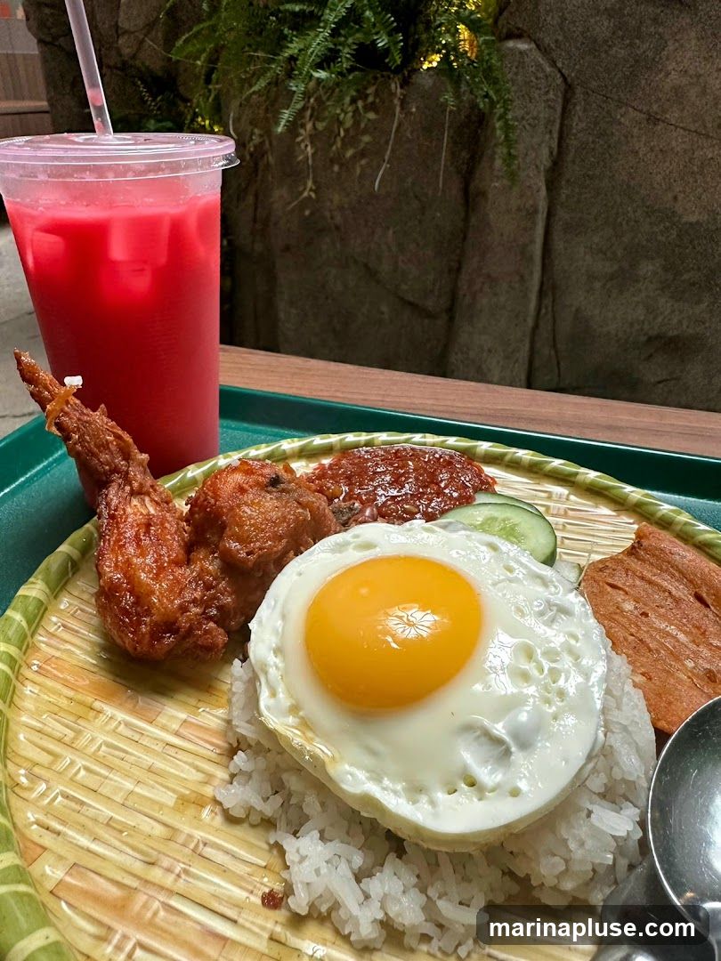 A close-up shot of a plate of Nasi Lemak, a popular Malaysian dish. The plate contains white rice topped with a sunny-side-up egg, a piece of fried chicken wing, sambal (chili paste), cucumber slices, and a slice of luncheon meat. A tall plastic cup filled with a vibrant pink beverage, likely a fruit juice or iced tea, with a straw is visible to the left. The food is served on a woven bamboo-like plate, which is placed on a green tray. In the background, there is a textured, rocky wall with lush green plants cascading down.