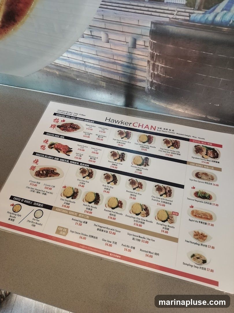Menu featuring roasted meats, noodles, and side dishes.