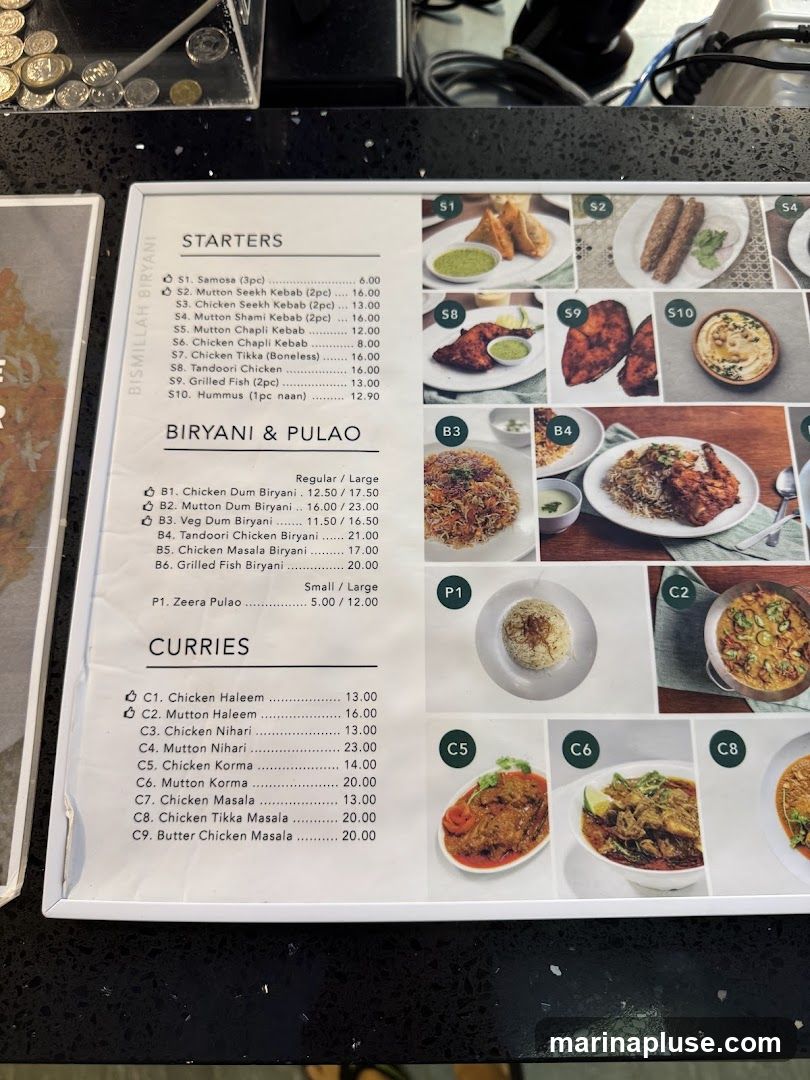 Menu with starters, biryani & pulao, and curries.