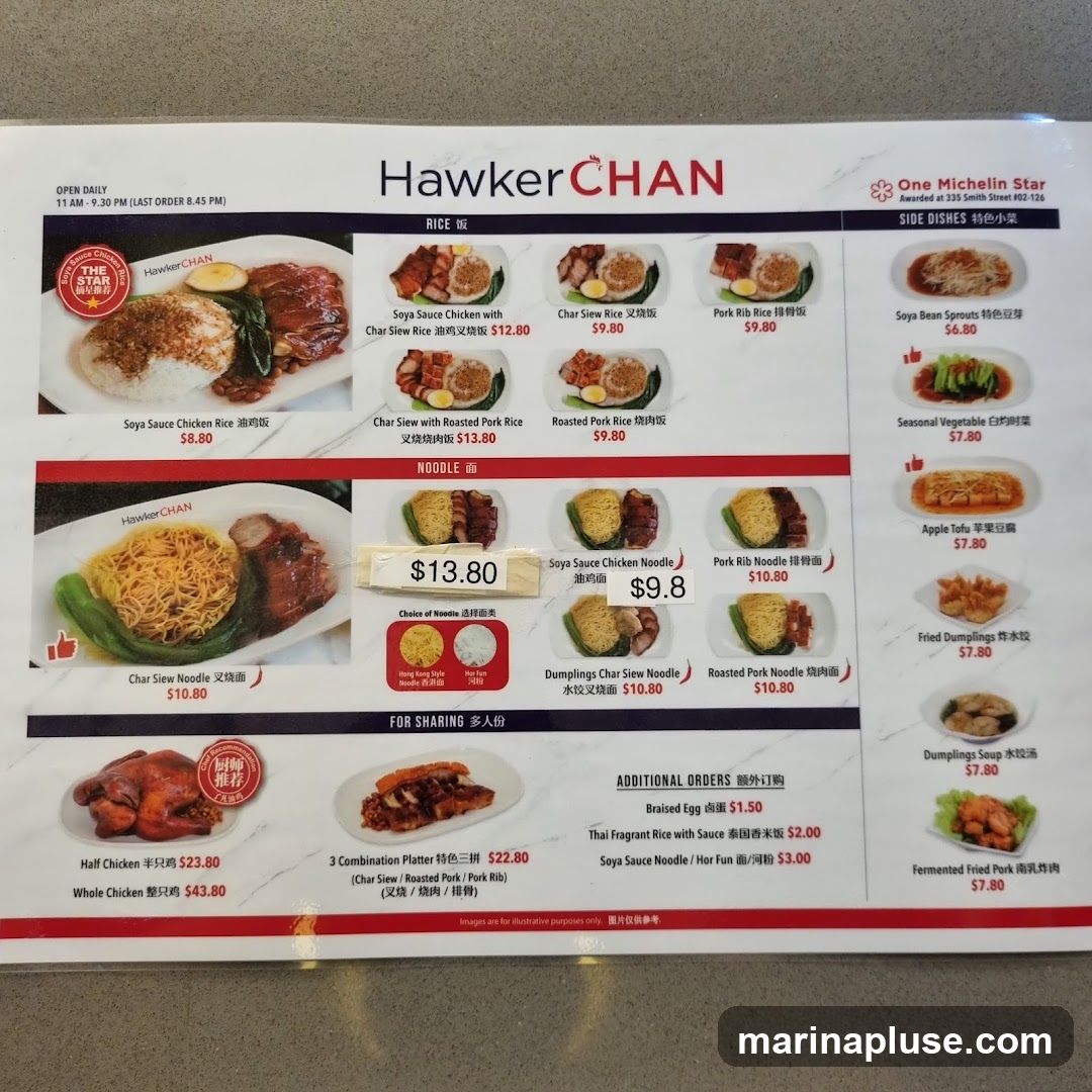 A menu from Hawker Chan, featuring rice dishes, noodle dishes, side dishes, sharing platters, and additional orders.