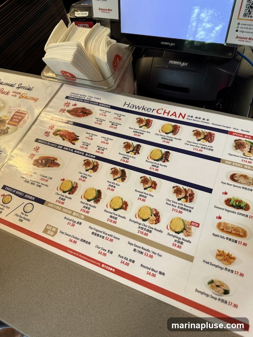 A menu from Hawker Chan featuring various duck and chicken dishes, noodles, and side dishes.
