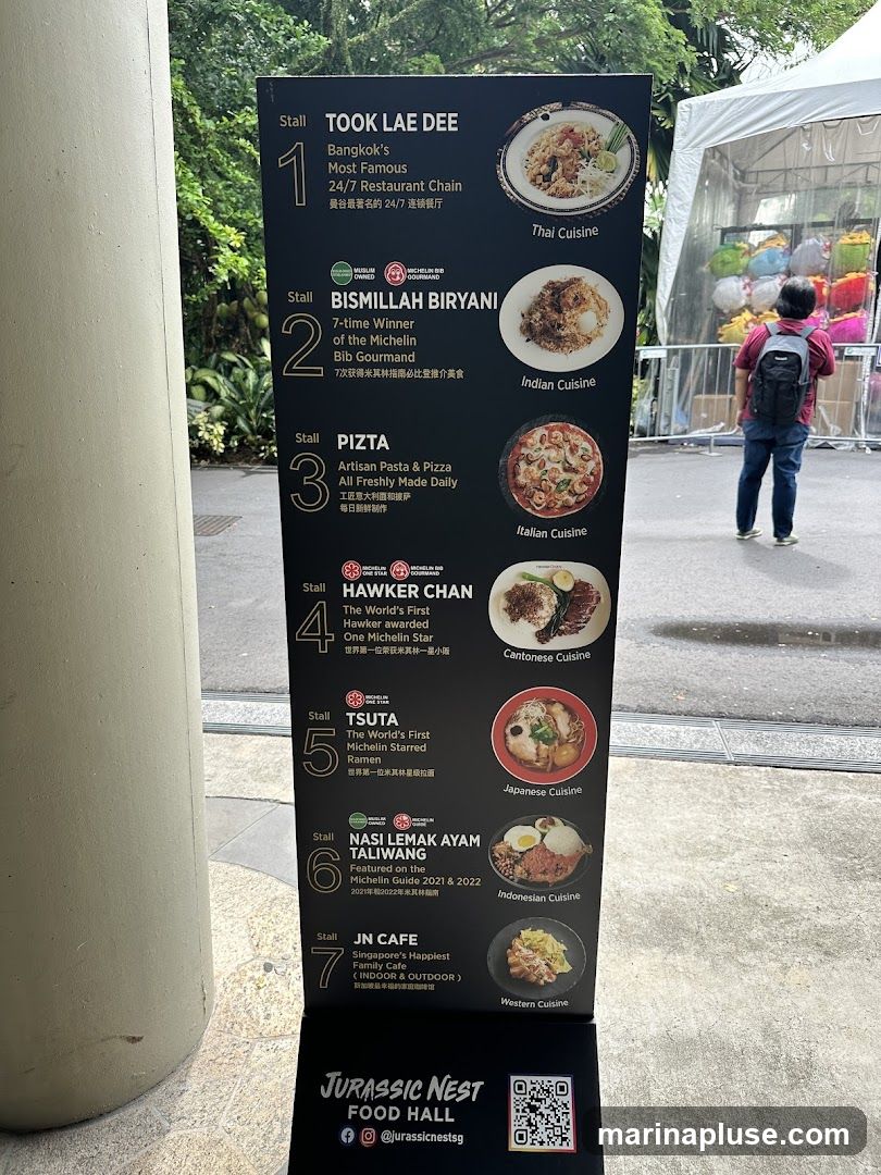 A menu board displaying 7 food stalls with their offerings and cuisine types.