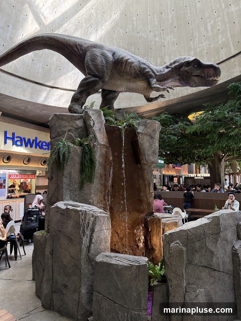 A large, realistic dinosaur statue is perched atop a rock and waterfall structure in the center of a bustling food court. The dinosaur appears to be a Tyrannosaurus Rex. In the background, there are various food stalls with signage, including one that says "Hawker". People are seated at tables, eating and socializing. The overall atmosphere is lively and commercial.