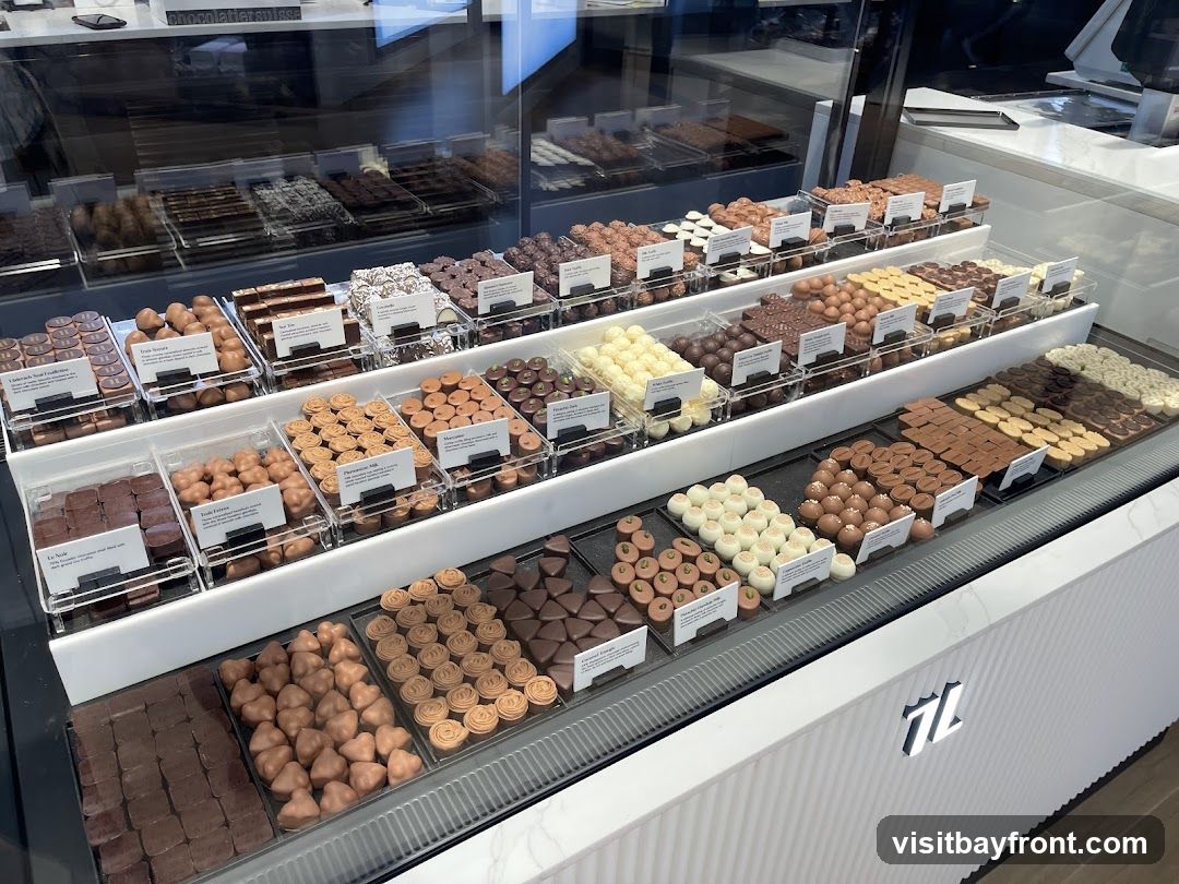 A display case filled with various types of chocolates, including dark, milk, and white chocolate. The chocolates are arranged in clear plastic containers with labels. Some chocolates are square, while others are molded into shapes like hearts and rosettes. The display is well-lit, showcasing the variety and quality of the confectionery. A logo is visible on the front of the display case.