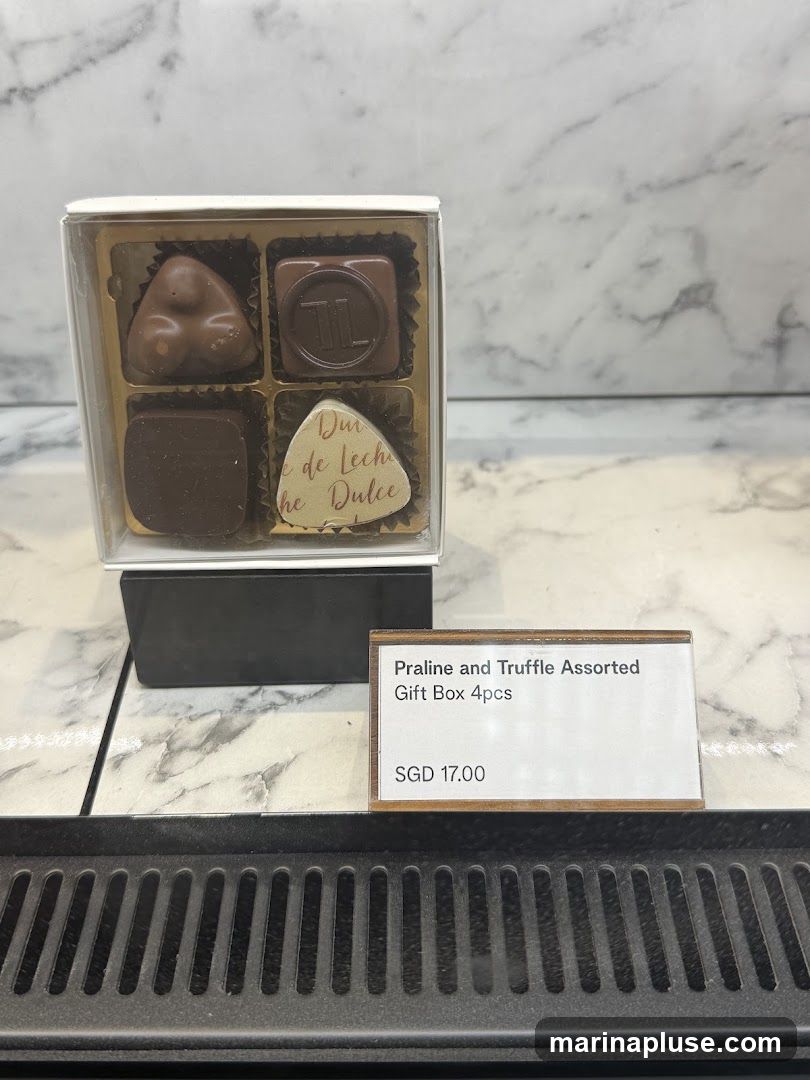 A clear plastic box containing four assorted chocolates. One chocolate is triangular with a rounded top. Another is square with a circular logo embossed on it. A third is a plain square chocolate. The fourth is triangular and decorated with a pattern and text that reads "Dulce de Leche". A small sign in front of the box reads "Praline and Truffle Assorted Gift Box 4pcs SGD 17.00".