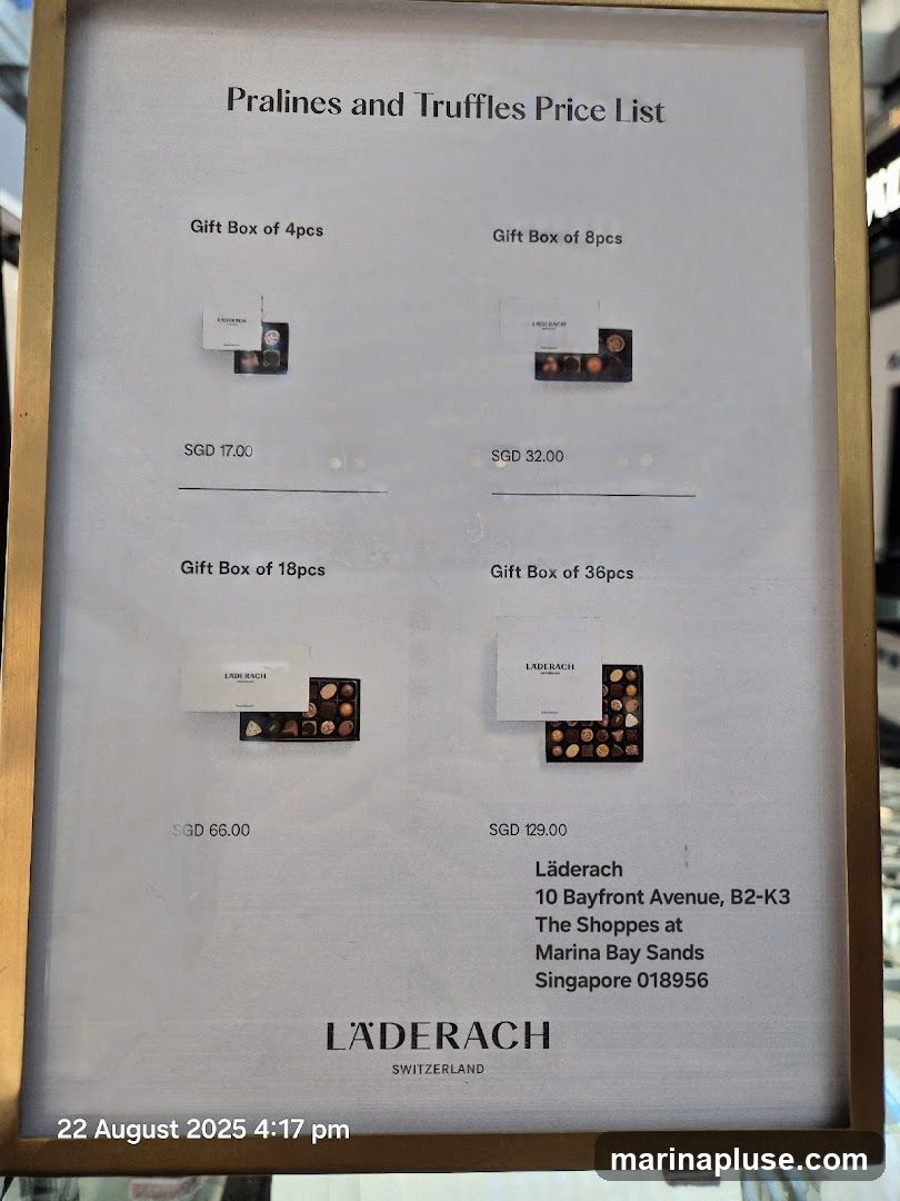 A price list for Läderach pralines and truffles, showing different gift box sizes and their prices. Includes the store's address.