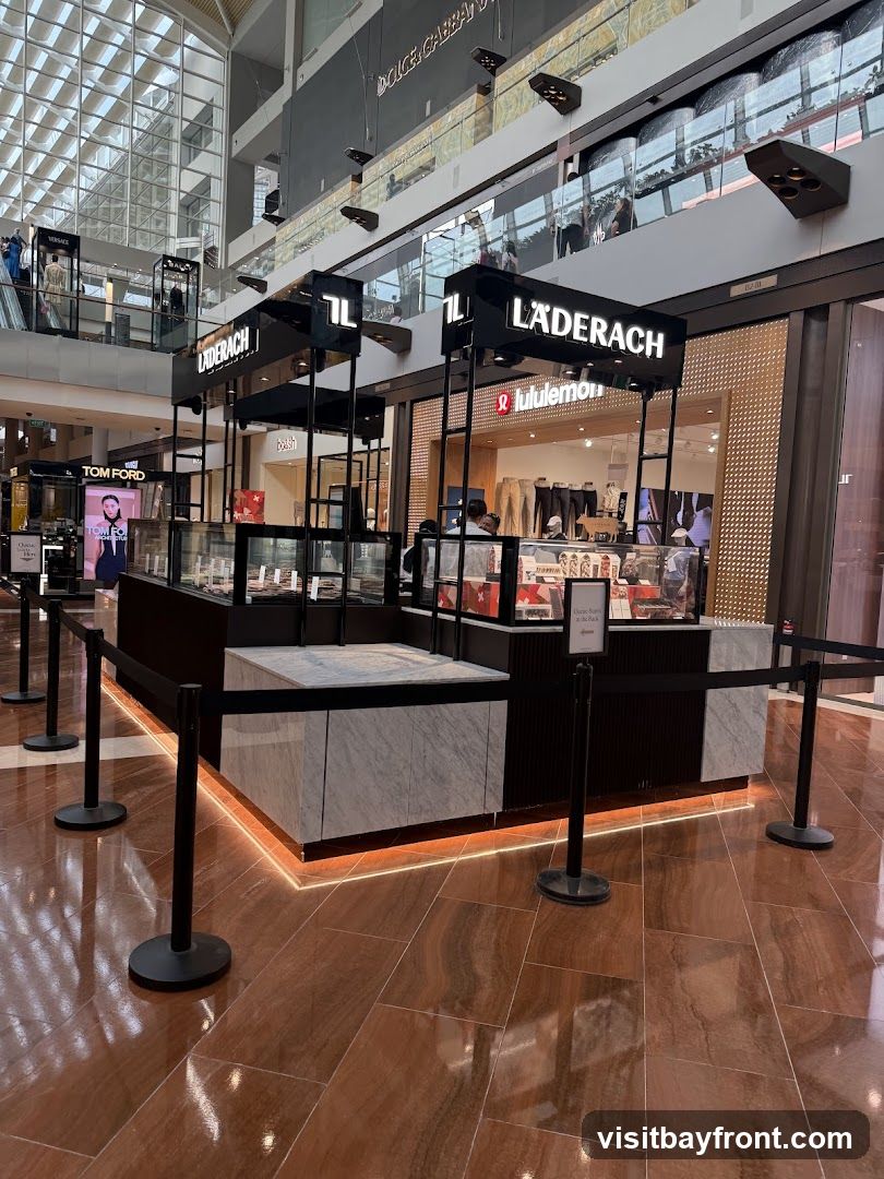 A Laderach chocolate kiosk is set up in a shopping mall. The kiosk has a modern design with black and marble accents. It is surrounded by stanchions and velvet ropes. In the background, other stores like Lululemon and Tom Ford are visible.