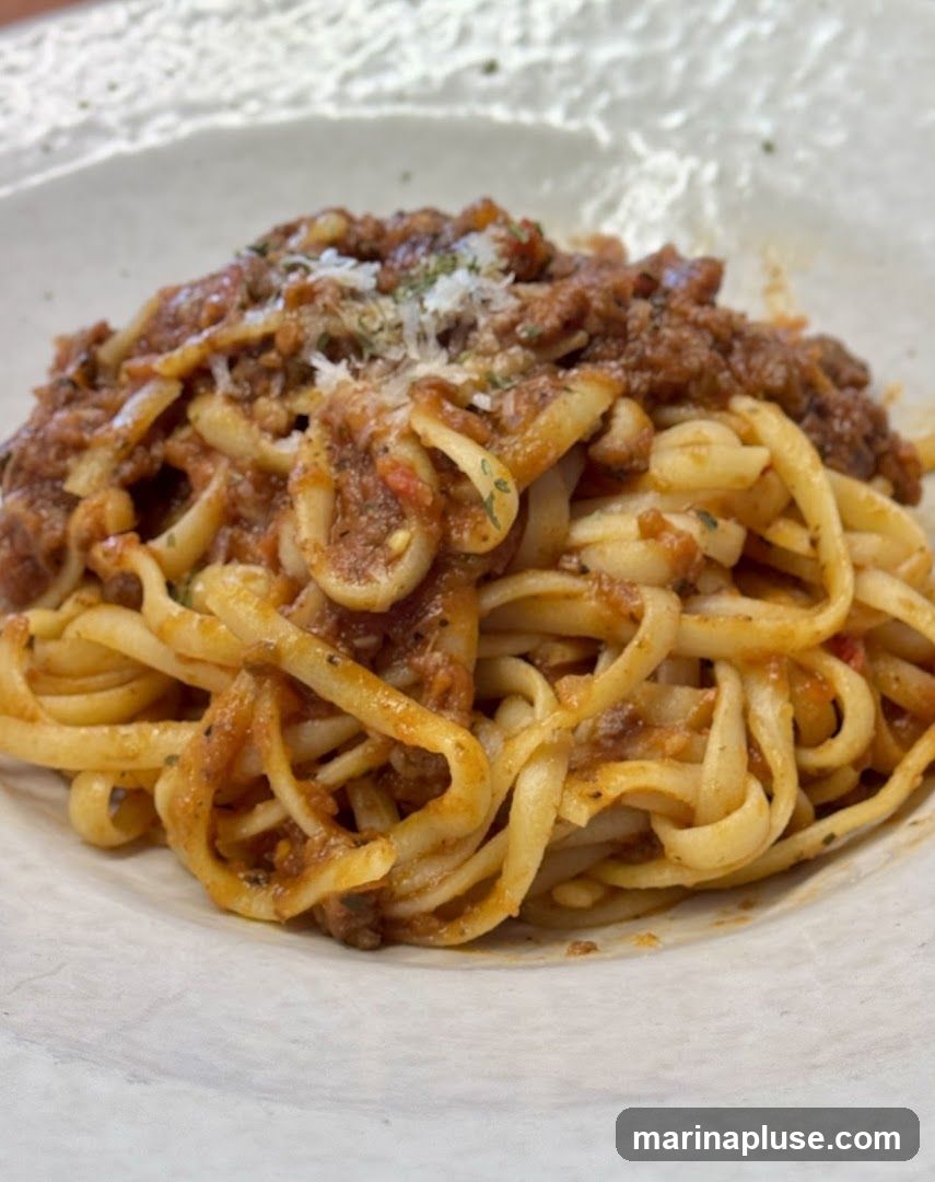 A close-up shot of a plate of pasta with a rich meat sauce. The pasta appears to be fettuccine or a similar flat noodle, coated in a hearty, reddish-brown sauce. The dish is garnished with grated cheese and herbs. The plate has a textured, off-white finish.