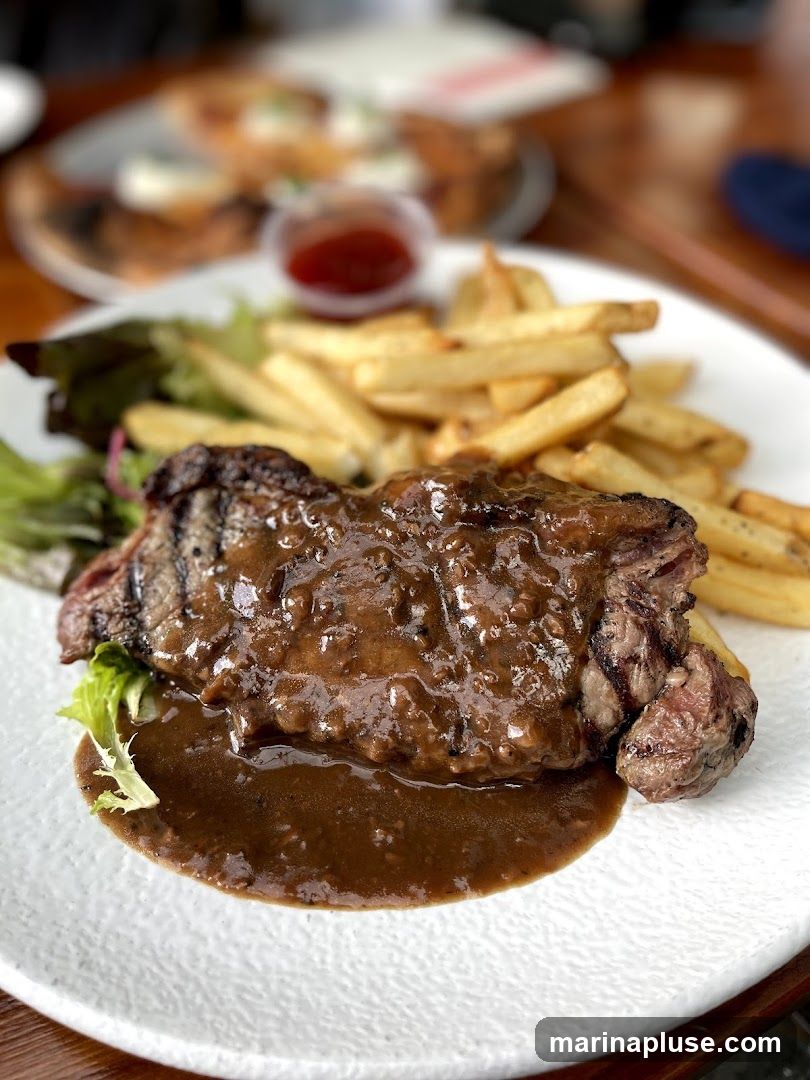 A plate of steak, french fries, and a small side salad with a cup of ketchup. The steak is covered in a rich brown sauce.