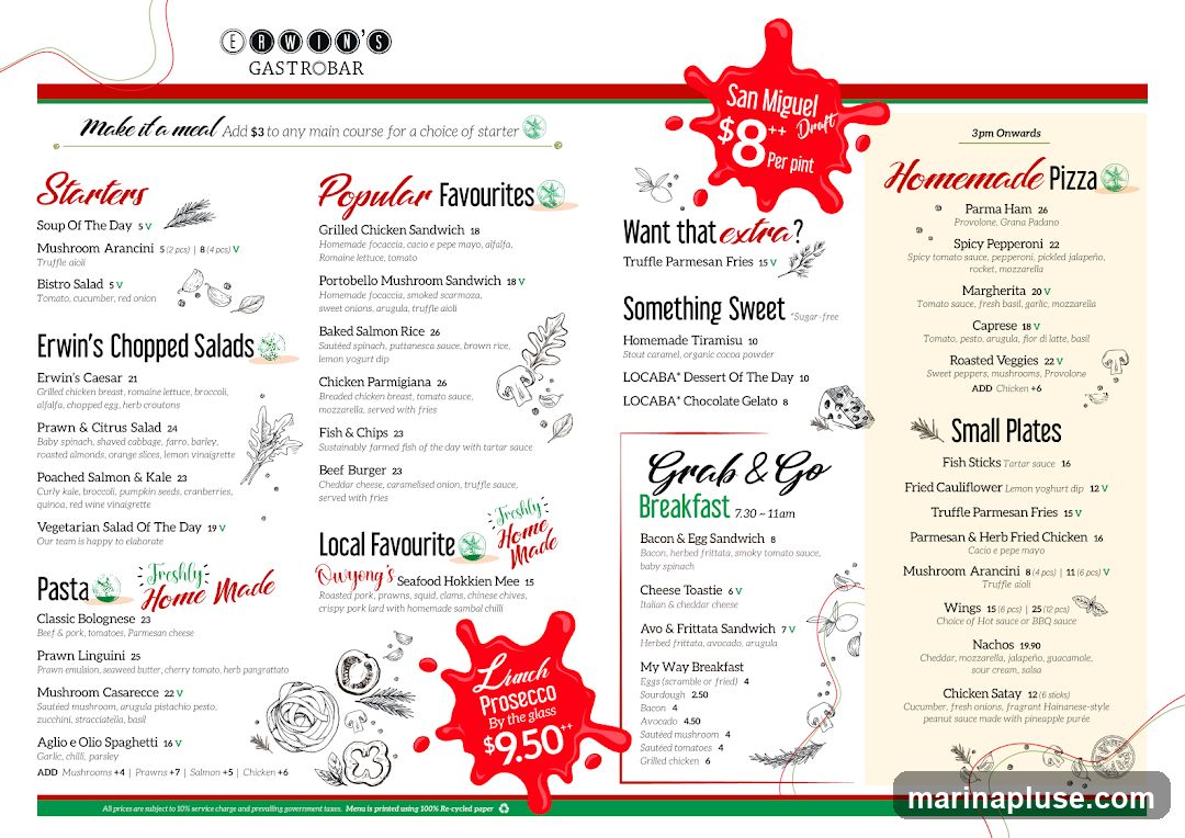 A menu with starters, popular favourites, salads, pasta, local favourites, homemade pizza, small plates, and grab & go breakfast options.