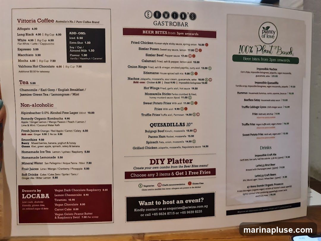 Menu with sections for Vittoria Coffee, Tea, Non-alcoholic drinks, Desserts, Beer Bites, 100% Plant Based Beer Bites, and Drinks.