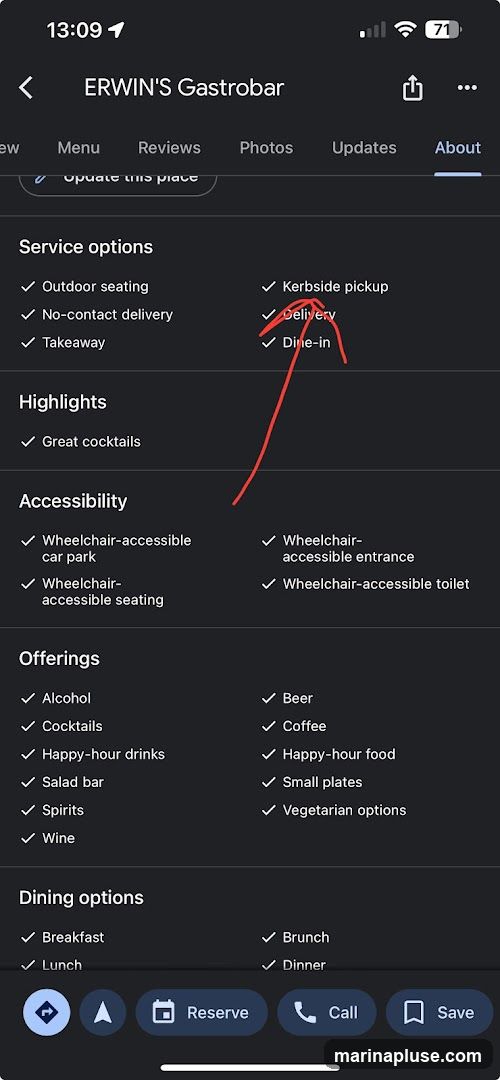 This is a screenshot of the 'About' section for ERWIN'S Gastrobar. It lists service options such as outdoor seating, no-contact delivery, takeaway, kerbside pickup, delivery, and dine-in. Highlights include great cocktails. Accessibility features mentioned are wheelchair-accessible car park, seating, entrance, and toilet. Offerings include alcohol, beer, cocktails, coffee, happy-hour drinks, happy-hour food, salad bar, small plates, spirits, vegetarian options, and wine. Dining options include breakfast, brunch, lunch, and dinner.