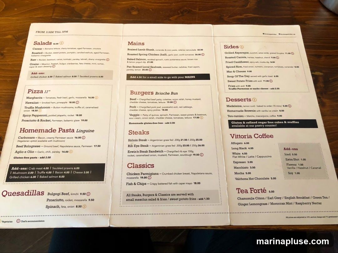A menu with sections for Salads, Mains, Sides, Pizza, Homemade Pasta Linguine, Burgers, Steaks, Classics, Desserts, Vittoria Coffee, and Tea Forté.