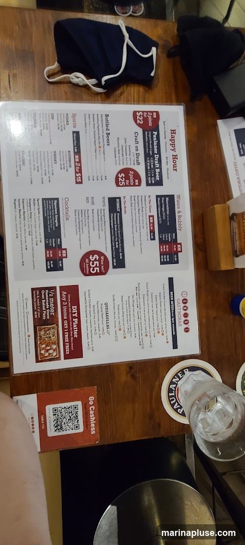A menu from a gastropub featuring happy hour specials, draft beers, bottled beers, spirits, cocktails, wines, quesadillas, and pizzas.