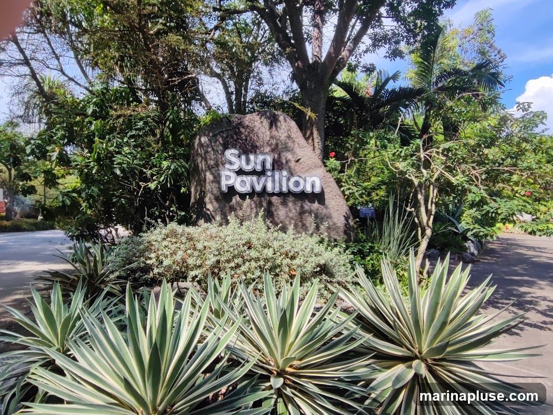 A large rock with the words "Sun Pavilion" carved into it, surrounded by lush greenery and agave plants. The scene is set outdoors with a pathway visible in the background.